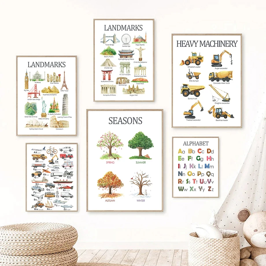 Vehicle Slphabet Color Recognition Seasonal Change Children's Room Fashion Wall Art Canvas Painting Nordic Poster Room Decor
