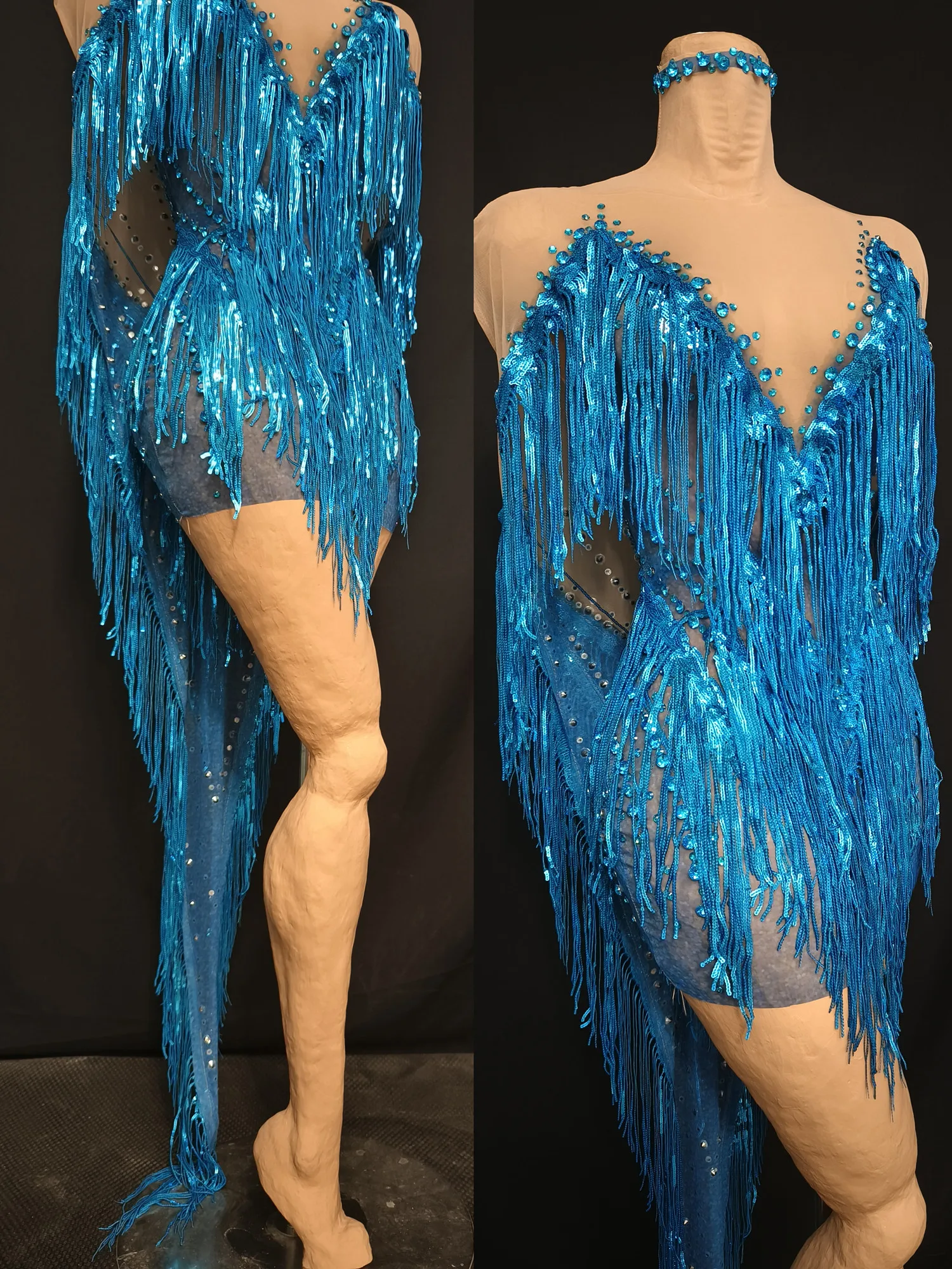 Blue Sequin Rhinestone Tassel Nightclub Party Mini Dress Ladies Cocktail Evening Bodycon Dress Women Dinner Gown Prom Outfit