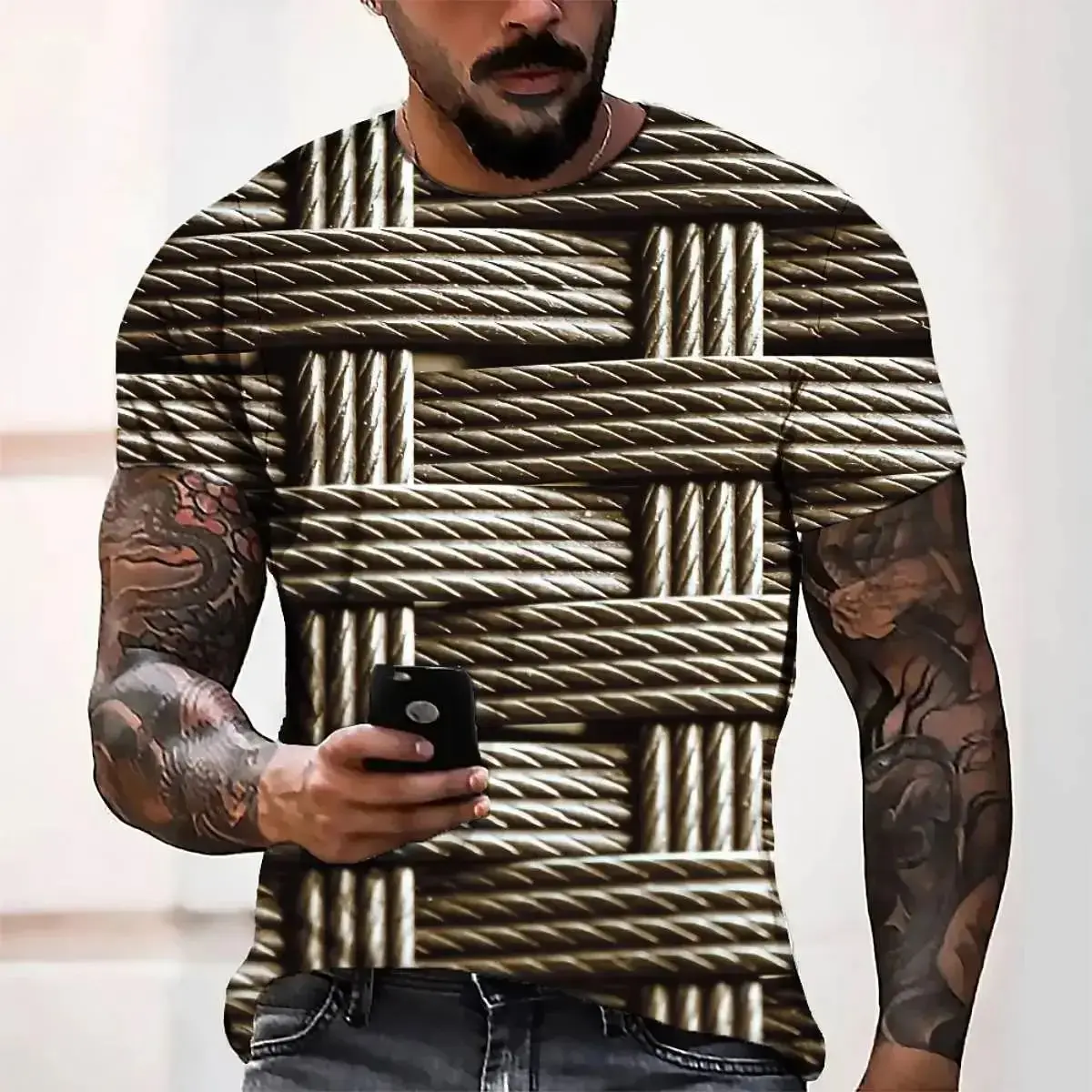 2024 New Summer Men Creative Twine Pattern High Quality 3d Printed O Collar Short Sleeve T-Shirt Fashion Personality Large Size