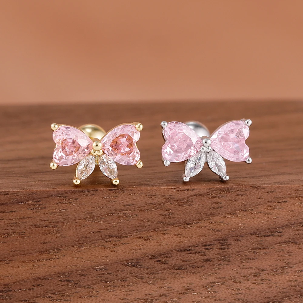 1PC Pink Stainless Steel Zircon Bow Stud Earrings Exquisite Simple Style Elegant Party Accessories Available For All Seasons