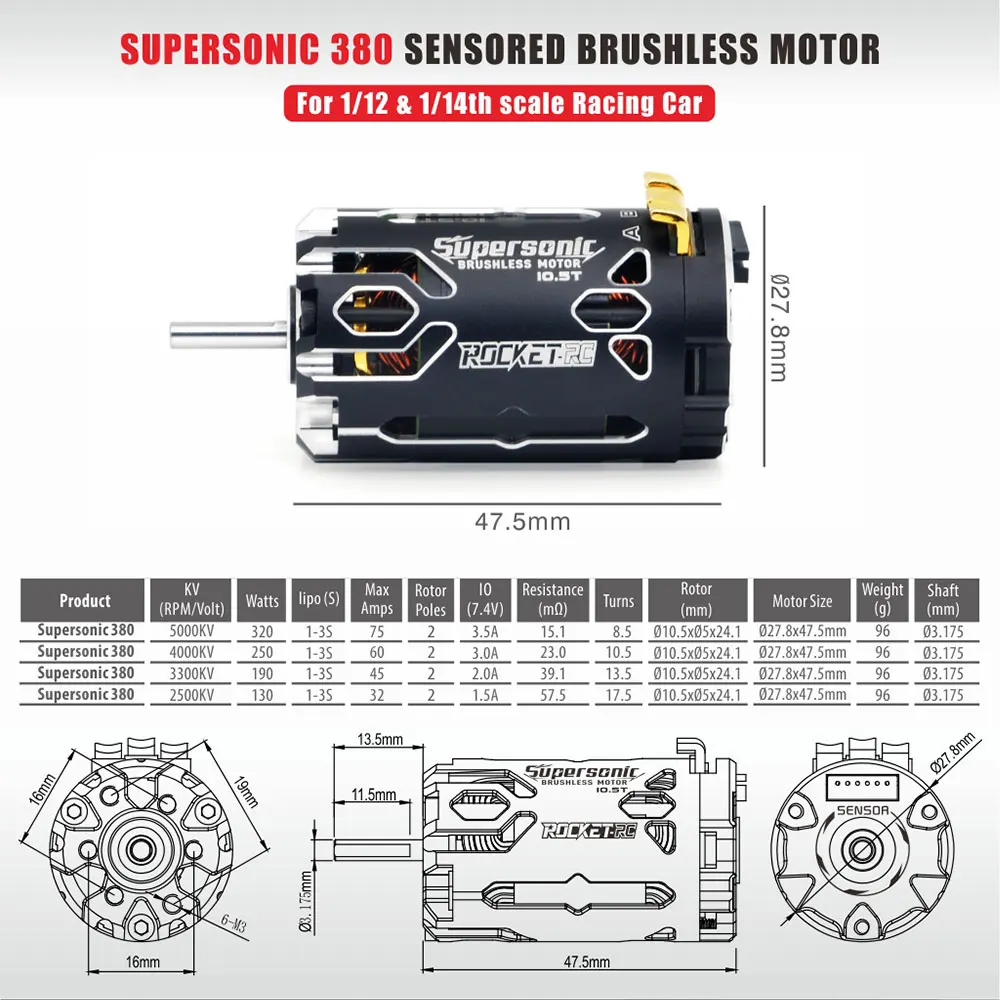 Surpass Hobby Rocket-RC Supersonic 380 8.5T 10.5T 13.5T 17.5T bezszczotkowy silnik z czujnikiem 80A ESC dla 1/12 1/14 RC Car