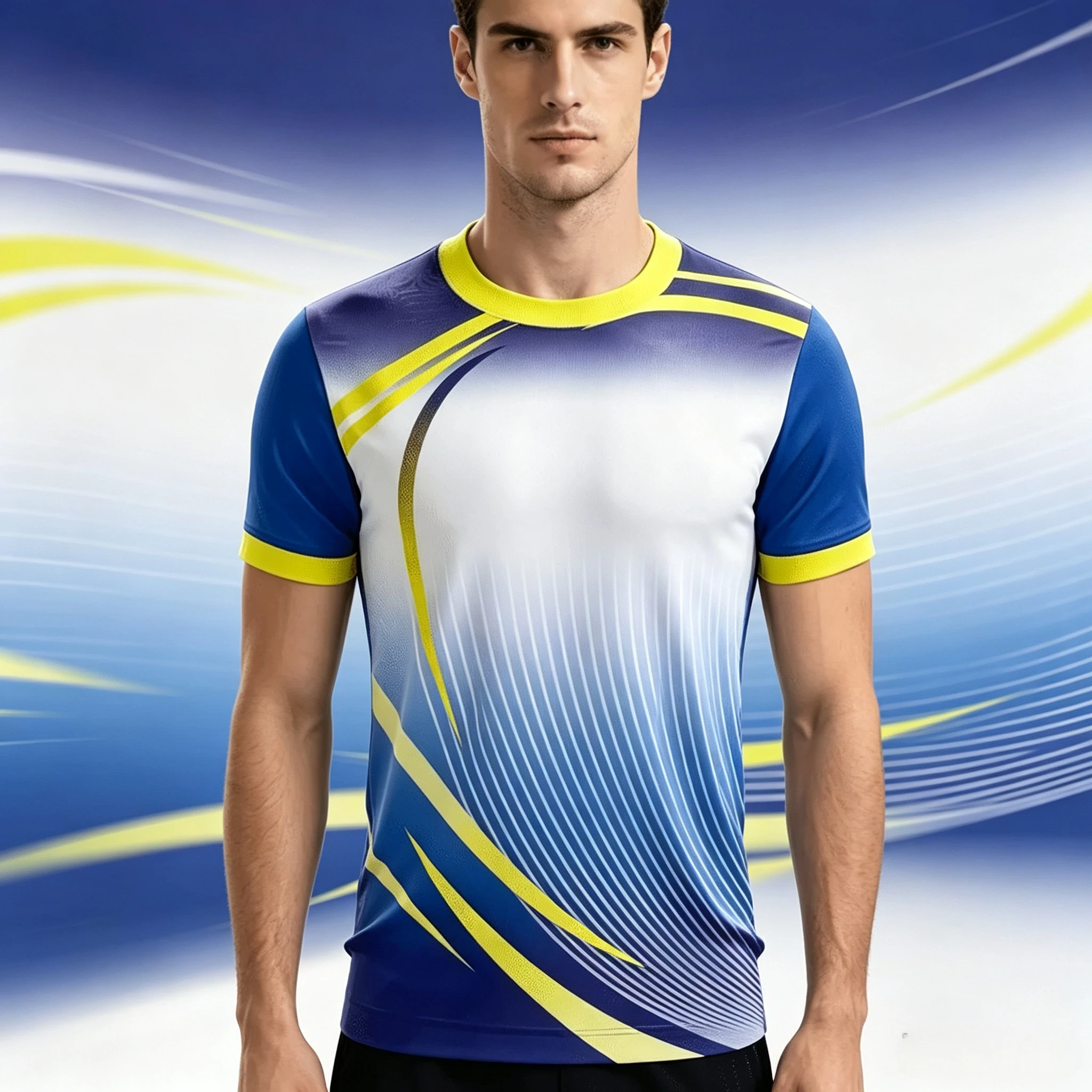 Men Team Uniform Blue Yellow Gradient Print Quick Dry Short Sleeve Soccer Volleyball Club Training Breathable Sport Jersey Tops