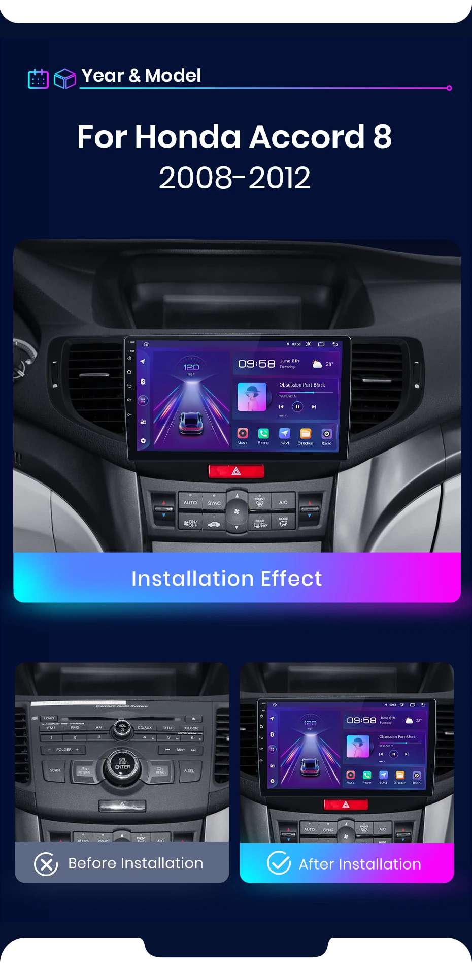 Junsun Kabelloses Carplay Android Auto Autoradio für Honda Accord 8 2008-2012 GPS Intelligente Systeme Stereo Multimedia Autoradio – Detail 4