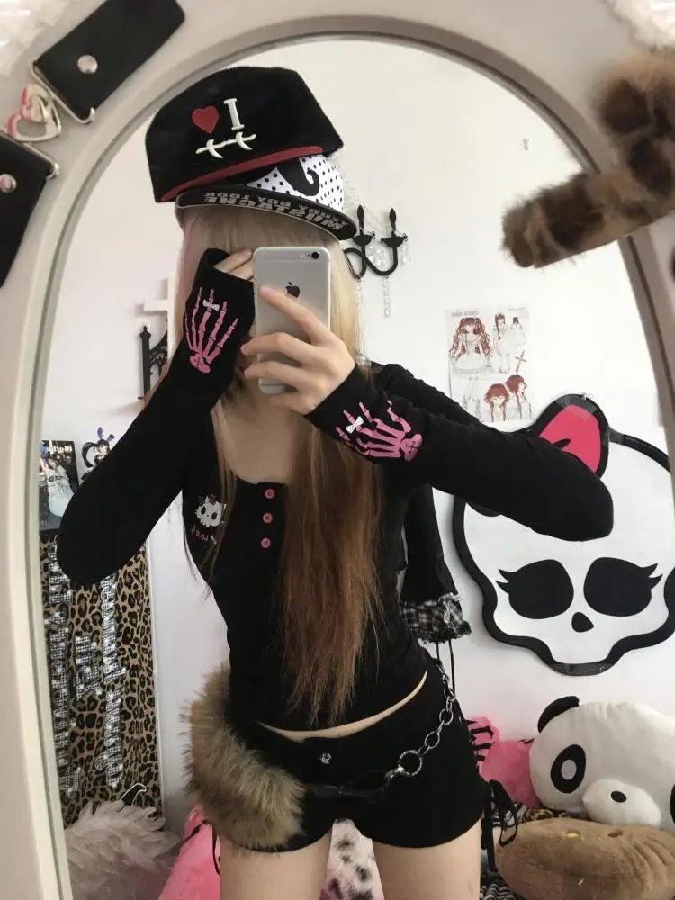 Erwofeina Print Grafische T-shirts Vrouwen Kleding Lange Mouw Gothic 2000s Kleding Y2k Kawaii Slanke Herfst Tops Tees Vrouwelijke Kleding