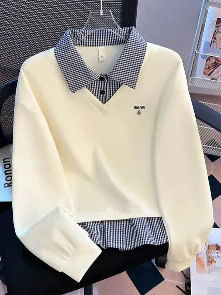 

Women's Ne Plaid Patchwork Original Design Loose Fit Cotton Long Autumn New Spring Fall Top