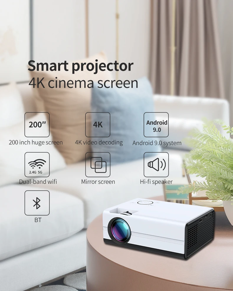 New T01 Mini 1080P Projector Full HD 4D Keystone Android 9.0 WIFI For Smartphone Video 4K Proyector Smart Home Cinema