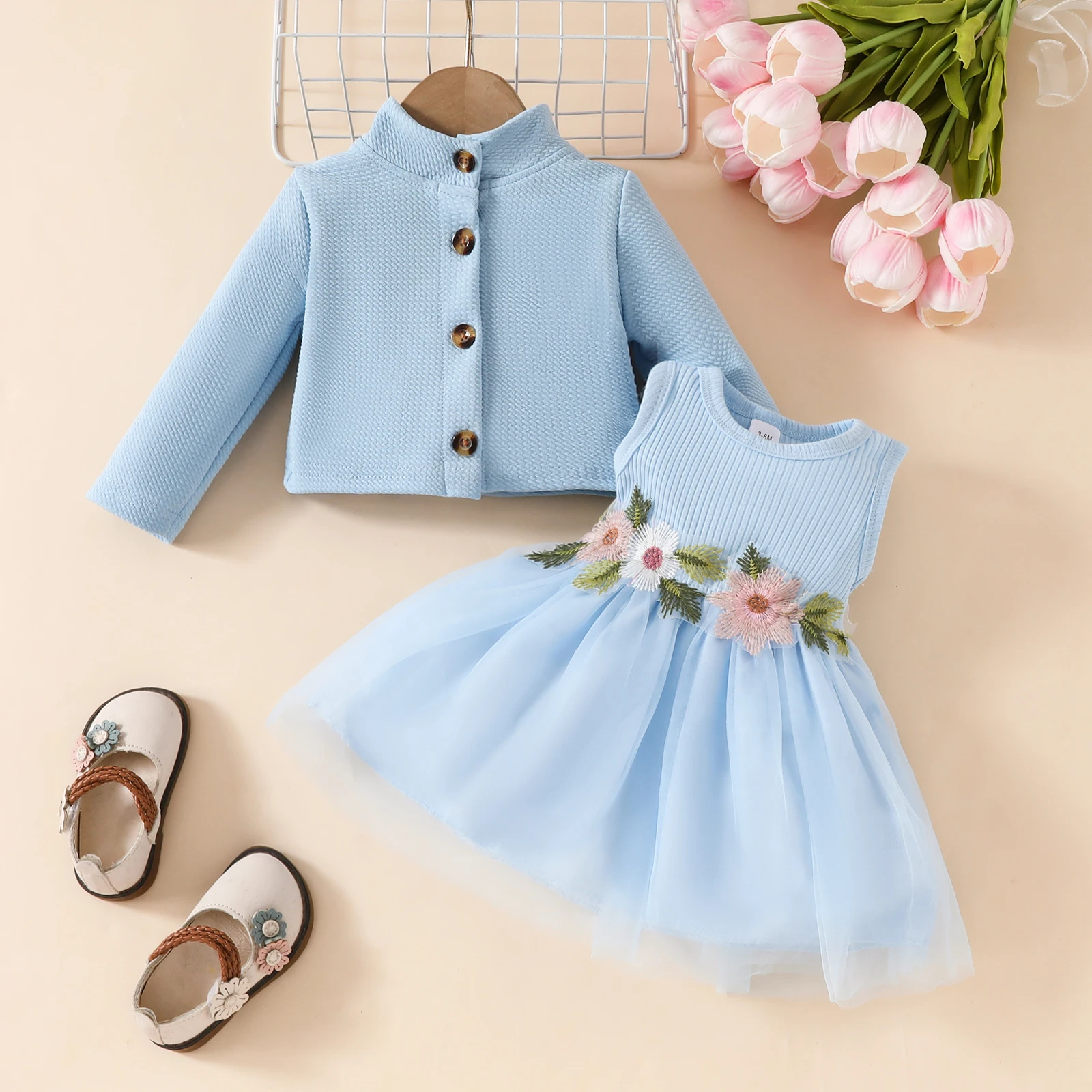 0-3 years old Spring and autumn freshmen long sleeve coat and Baby girl waist design vest patchwork mesh dress set