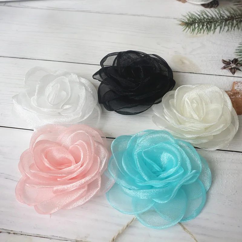 10PCS 8CM Artificial Flowers Head Organza Fabric Hairpin Corsage Wedding Dress Clothing Making Accessories Silk Flowers