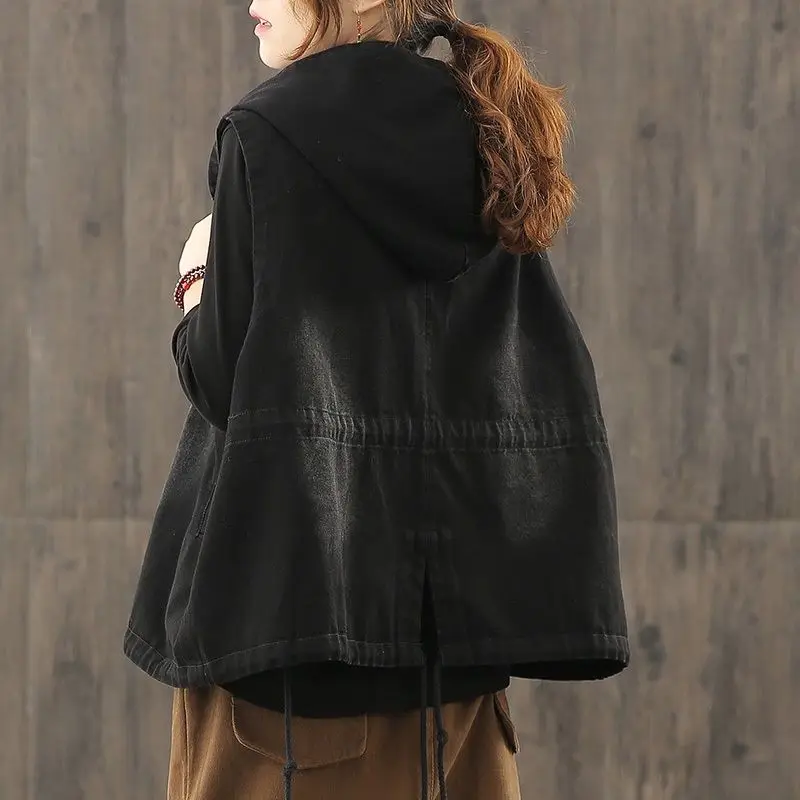 

Denim Vest Women's Short 2025 Spring Autumn New Female Loose Korean Version Double-Breasted Cowboy Hooded Vest Jacket Cardigan