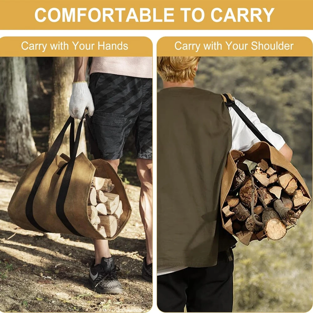 Package Waxed Canvas Firewood Bag Carrier, Water Resistant Wood Carrying Bag With Handles Log Tote for Kitchen Christmas Gift