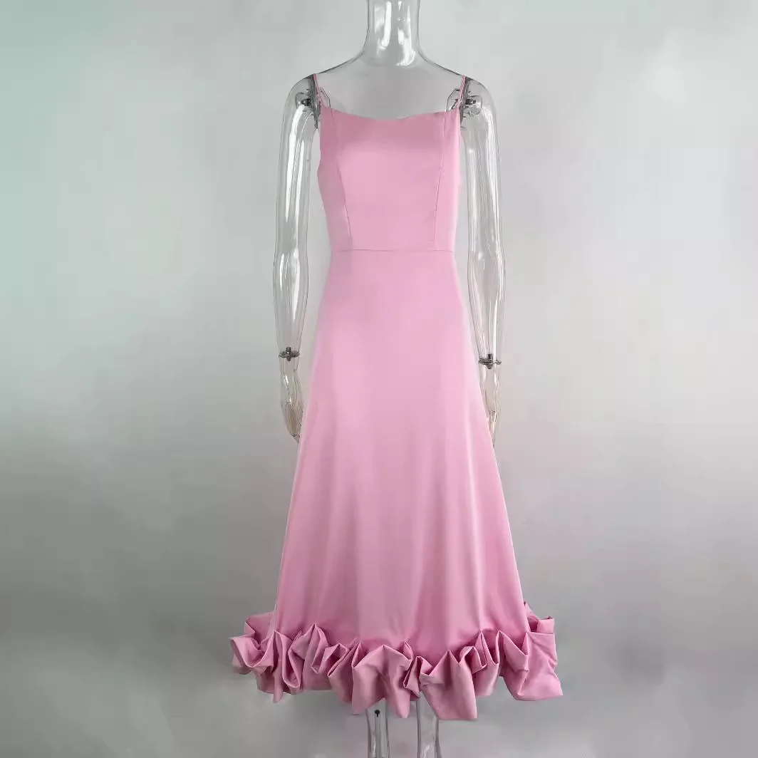 Vestido largo de verano para mujer, traje liso con tirantes finos, dobladillo con volantes, elegante, corte en A, 2023