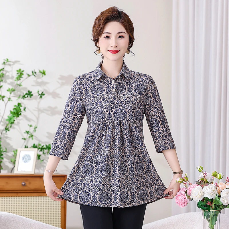 European Printed Plus Size Shirt With Classical Pattern Lapel Blouse 2024 Cardigan Short Sleeved Women\'s Shirt New Casual Top