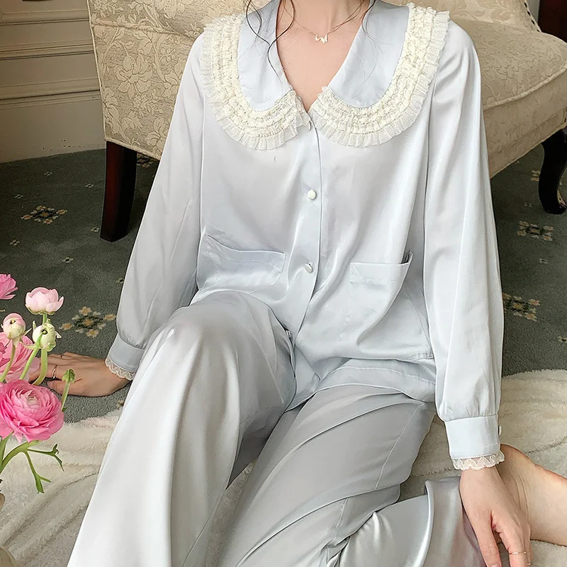 Blue Women Silk Ruffles Long Flare Sleeve Princess Pyjama Femme Sleepwear Loungewear Sweet Girls Nightwear Two Piece Sets