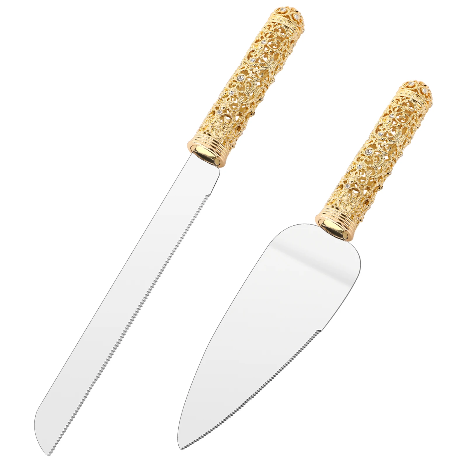 

Jozen Gift Gold Cake Knife and Server Set - 2 Piece Dessert Set Metal Handle with Crystal Stones Decoration for Wedding, Anniver