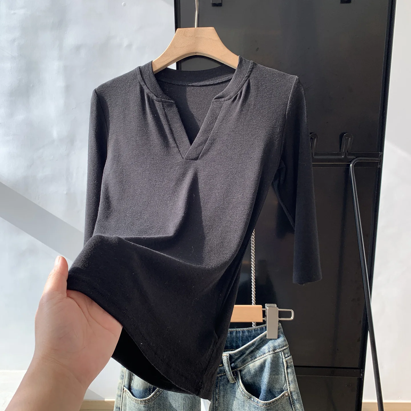 Slim Fit V-Neck Long Sleeve T-Shirt Women's Spring Pure Desire Half Sleeve Top Shoulder Width Regular Length Basic Shirt