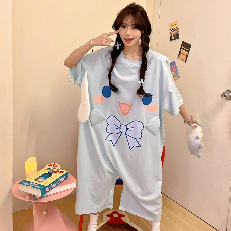 

Summer Women Sleepwear Girl Nightgown Pajamas Cartoon Print Onesie Women's Sleepwear Jumpsuit Oversize Korean Girl Pijama Mujer