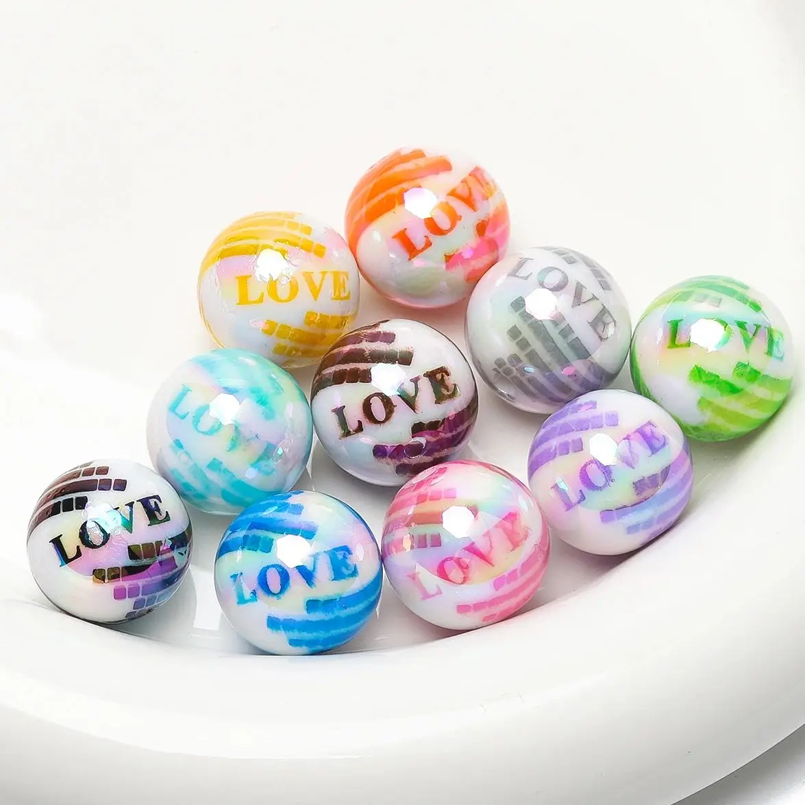 12mm Plated Color Mixed Striped Acrylic Round Beads Love Letter Ball Bead For Jewelry Making DIY Bracelet Necklace 10pcs/lot
