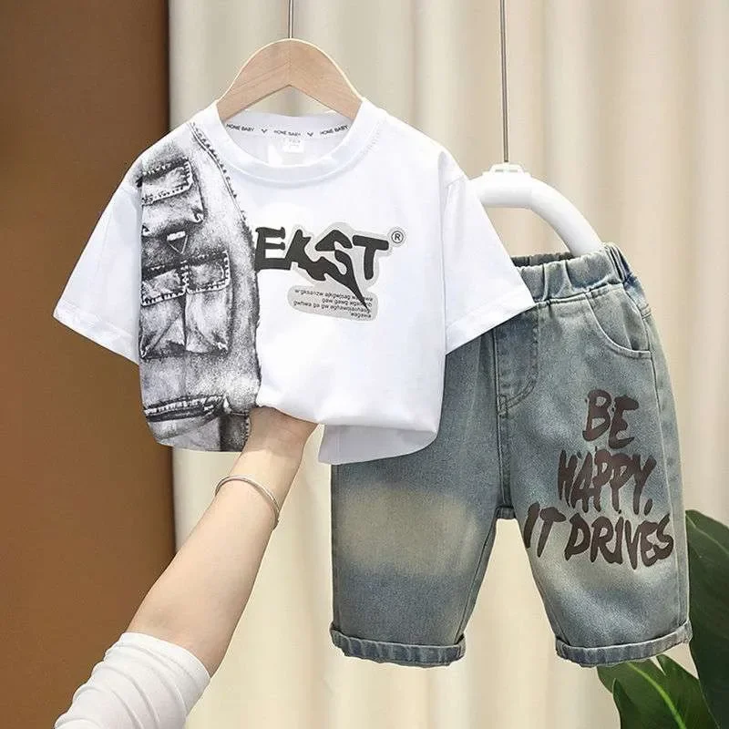 New Summer Casual Boys Clothing Set Handsome Letter Short Sleeve T-shirt + Shorts Jeans Outfit For Kids 2-8 Years Children Suits