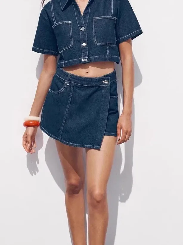 

Летний джинсовый однотонный воротник, повседневная юбка, брюки, комплект из двух предметов, шикарный длинный свек на пуговицах, универсальный четырехсезонный модный ансамбль...