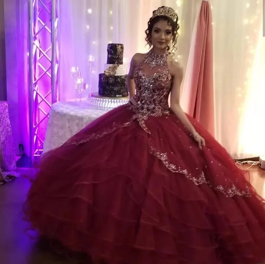 

ANGELSBRIDEP Burgundy High-Neck Quinceanera Dresses Vestidos De 15 Anos Fashion Applique Formal Cinderell Birthday Ball Gowns