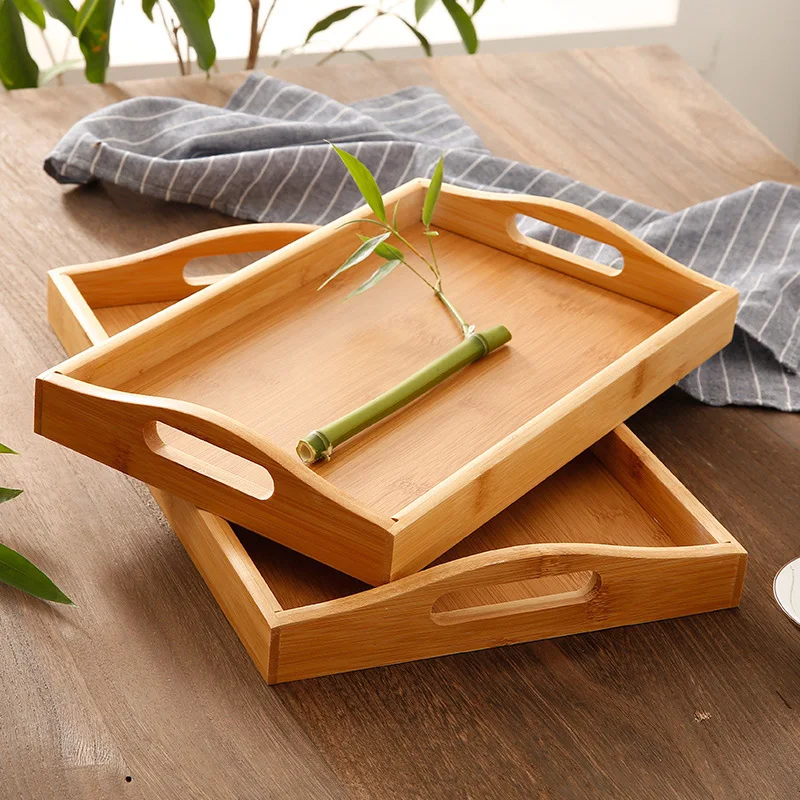 Bamboo Wooden Tea Tray Solid Wood Serving Tray Kung Fu Tea Cup Tray With Handle Rectangular Wooden Dinner Bread Fruit Food Plate