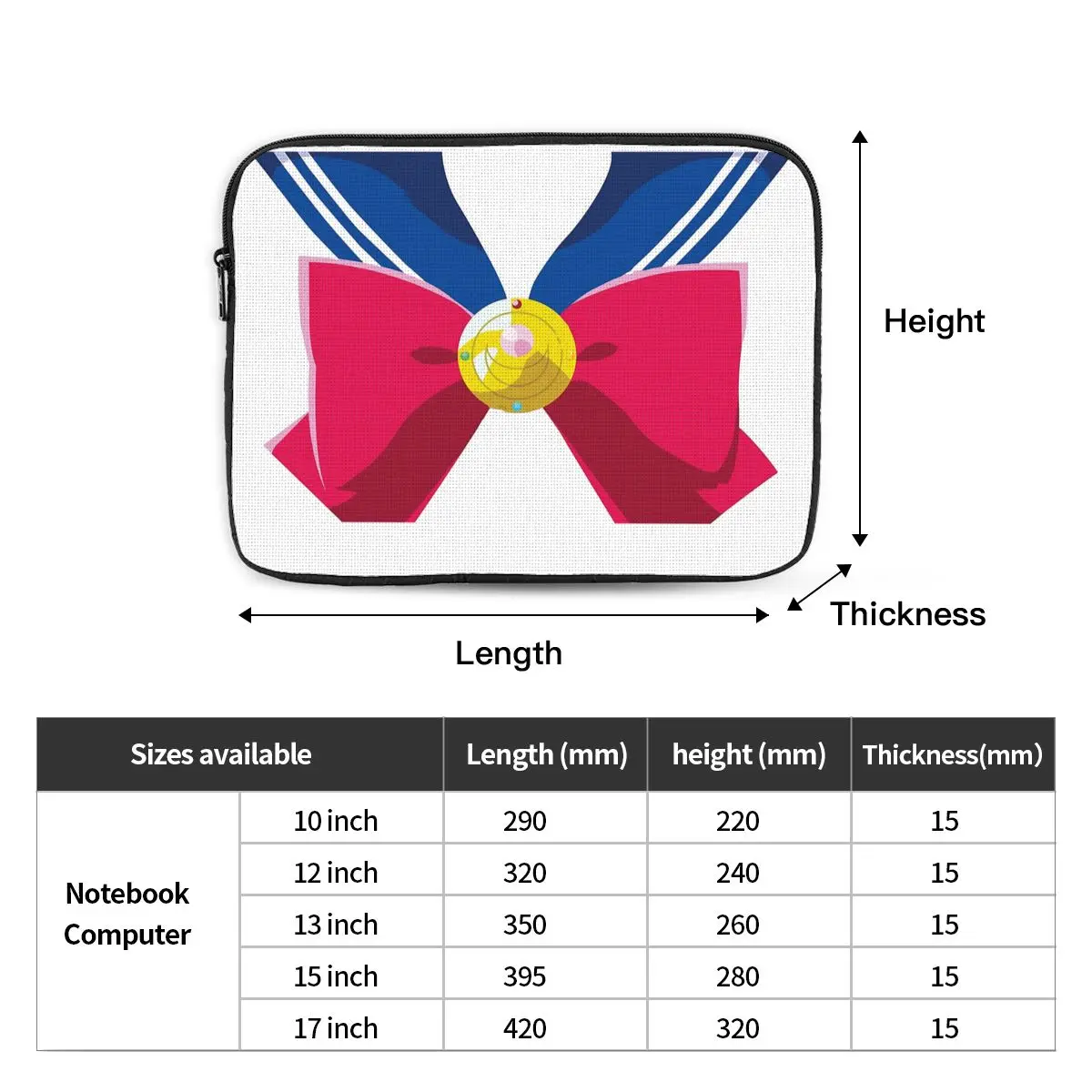 Sailors Moons Collar Locket Bow 12" 13" 15" 17" Laptop Liner Sleeve for Macbook Air Pro Notebook Bag Case Shockproof Case Bag view 6