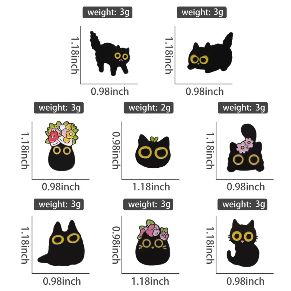 Épingles en émail de chats noirs de dessin animé, broches de chaton de grands yeux, insignes de revers d'animaux floraux, métal mignon, style coréen, cadeau de bijoux drôle