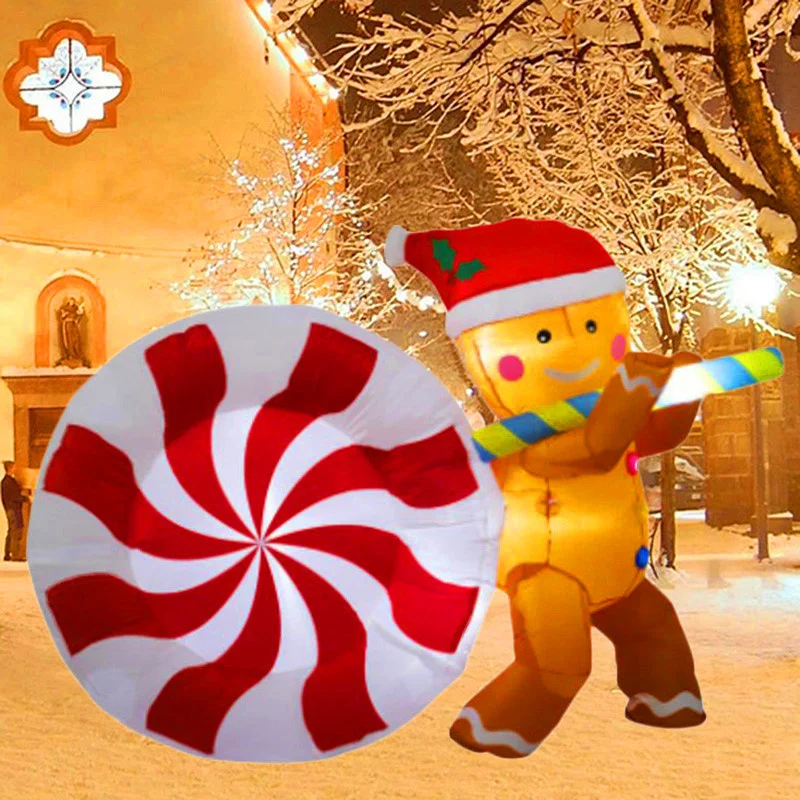 5FT Decorazione gonfiabile di Natale Giocattolo Caramelle Gingerbread Man Luci a LED integrate Giardino esterno Festival Scena di feste Decorazioni natalizie