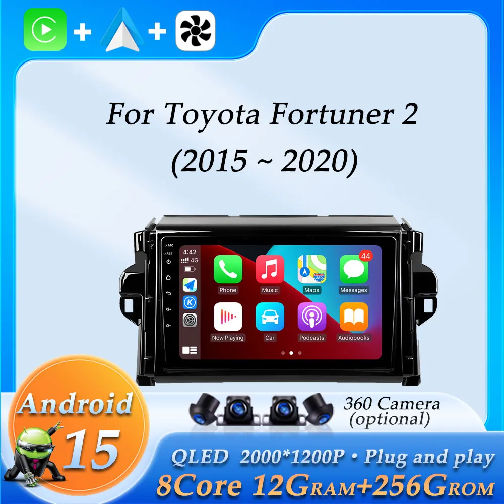 

Wireless CarPlay Car Radio Video Audio Multimedia Player for Toyota Fortuner 2 2015 - 2020 GPS Navigation DSP Stereo Android 15