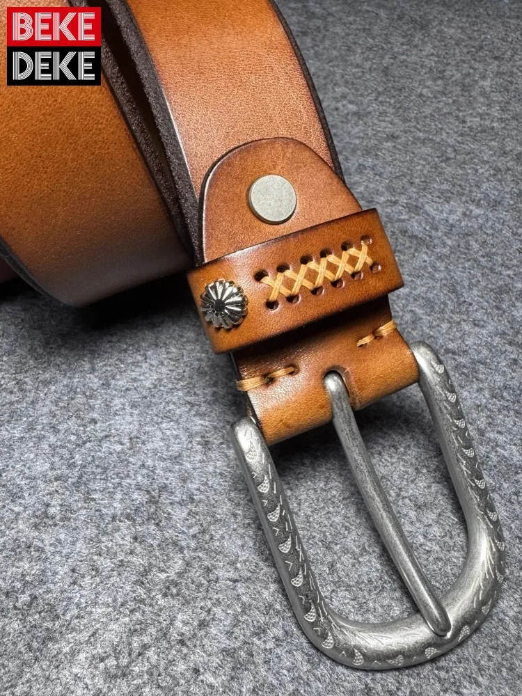 

Casual Mens Cowskin Genuine Leather Belt Solid Color Italian Style Handmade Unisex Vintage Pin Buckle Waistband For Jeans
