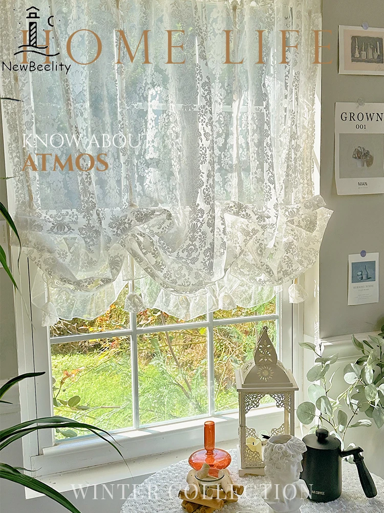 

French Lace Lift Small Curtains Bedroom Window Girl'room White Gauze Partition Drawstring Half Curtain Kitchen Blackout Tulle Co