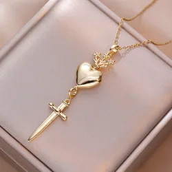 Sword and Heart Pendant Necklace for Women Vintage Gothic Stainless Steel Gold Color Necklaces Couple Wedding Aesthetic Jewelry