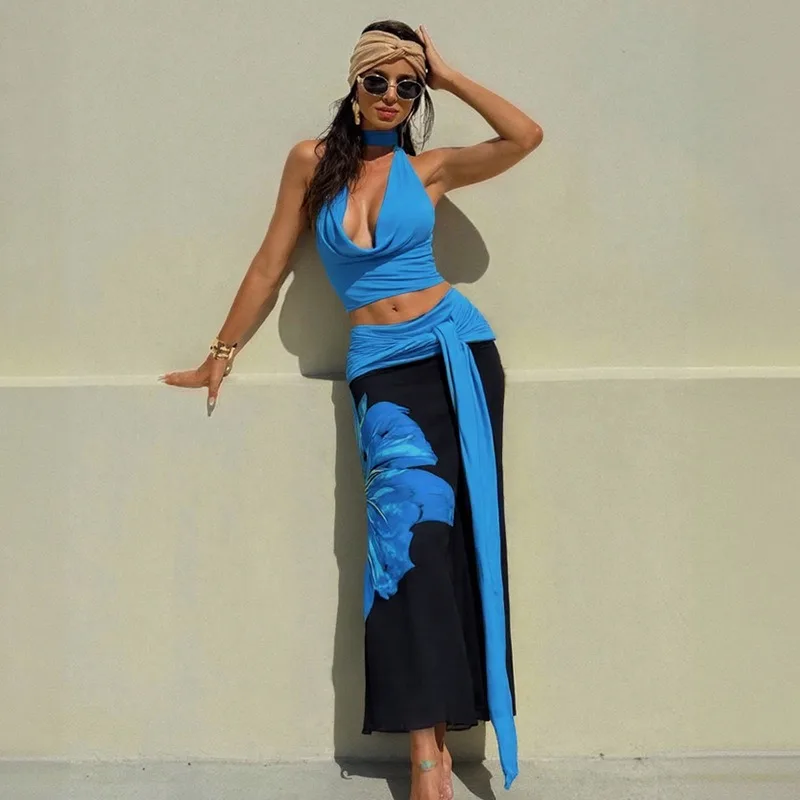 

Tuularose Printed Dress Sets Sexy Hanging Neck Slim Top Vest Bandage Long Skirt Set Summer Vacation Casual New Women Dress Sets