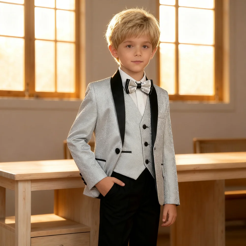 

3 Pieces Boy's Suits Shawl Lapel Sequin Single Breasted Performance Costume Wedding Flower's Boy's Suits（Blazer+Vest+Pants)