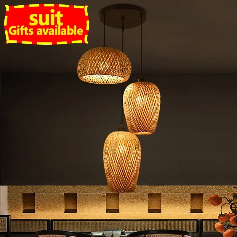 【3PCS】Bamboo Lampshade Led Pendant Lamp Natural Rattan Wicker Ceiling Chandeliers Hand Woven E27 Lighting Fixtures Hanging Light