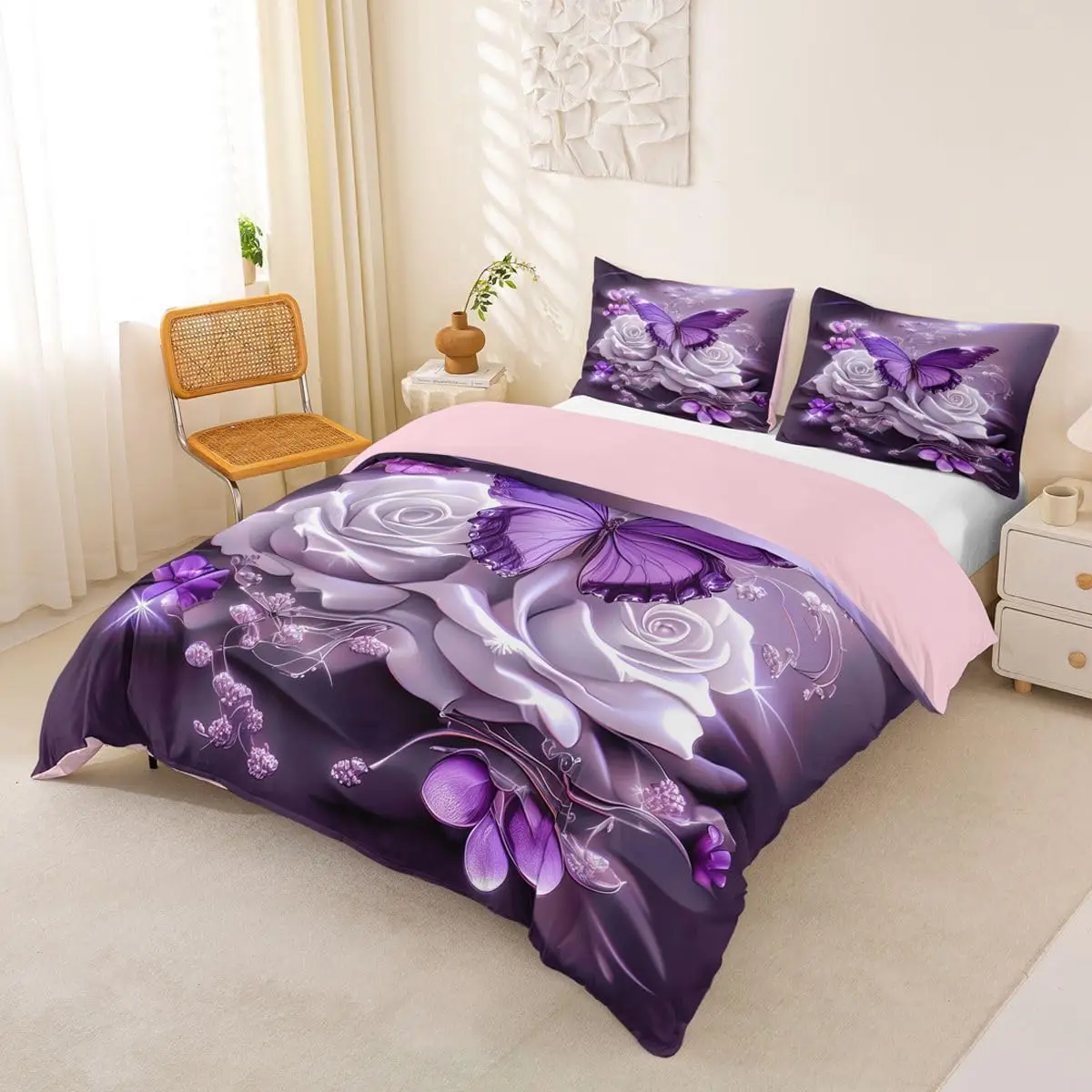 Rose King Queen Full Twin Bedding Set Romantic Floral Duvet Cover Set Valentines Gifts for Girls Couples, Flower Comforter Cover