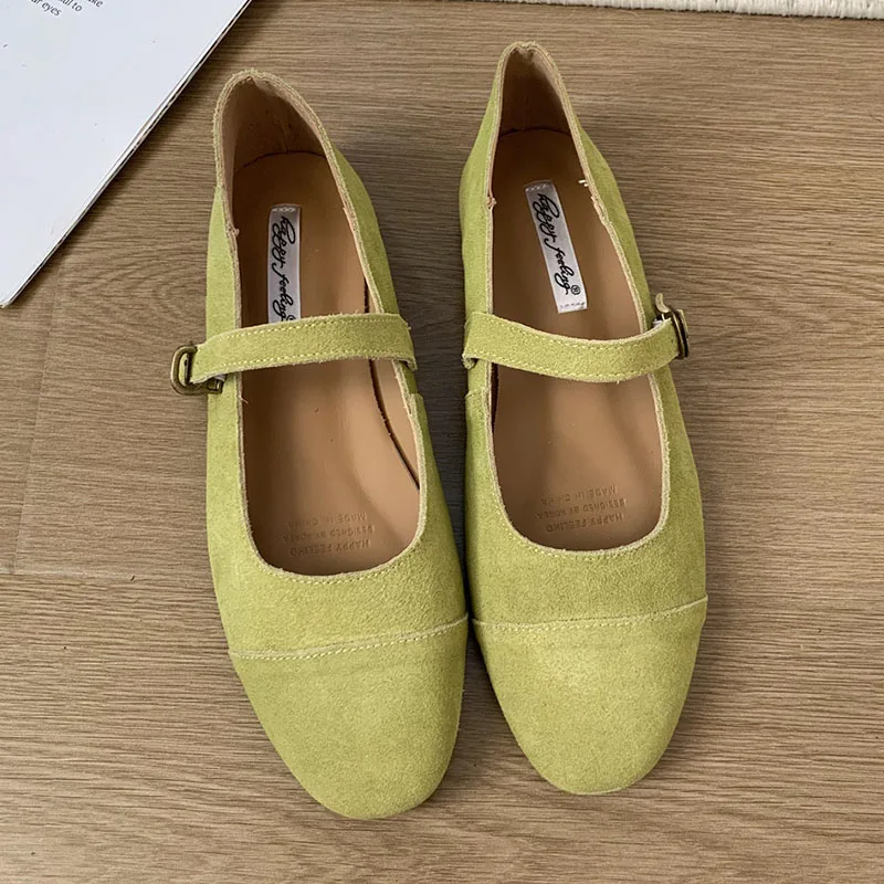 Fashion Mary Jane Shoes Women Flats Ballet Cow Suede Girl Style Ballerina Leather Green Retro Moccasin Casual Ladies Ballerins