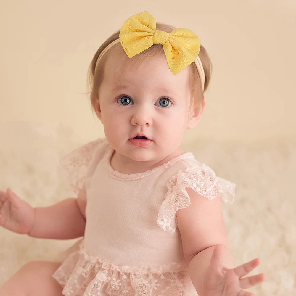 20Pcs random color hair bows nylon headband big bows Embroidered hollow bow hair band Elastic non hair damaging baby headwear
