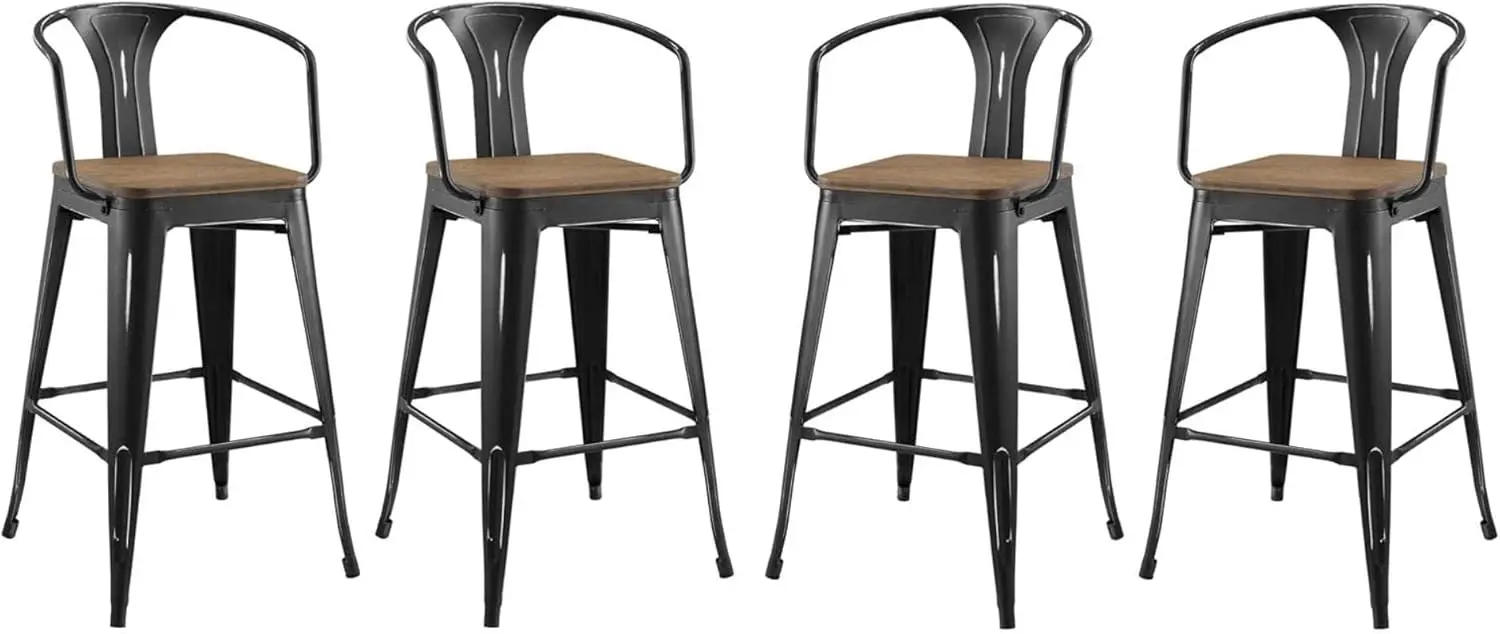 Promenade Arm Bamboo & Metal Bar Stool Set Of 4 | Vintage Steel Finish | Industrial Modern Design