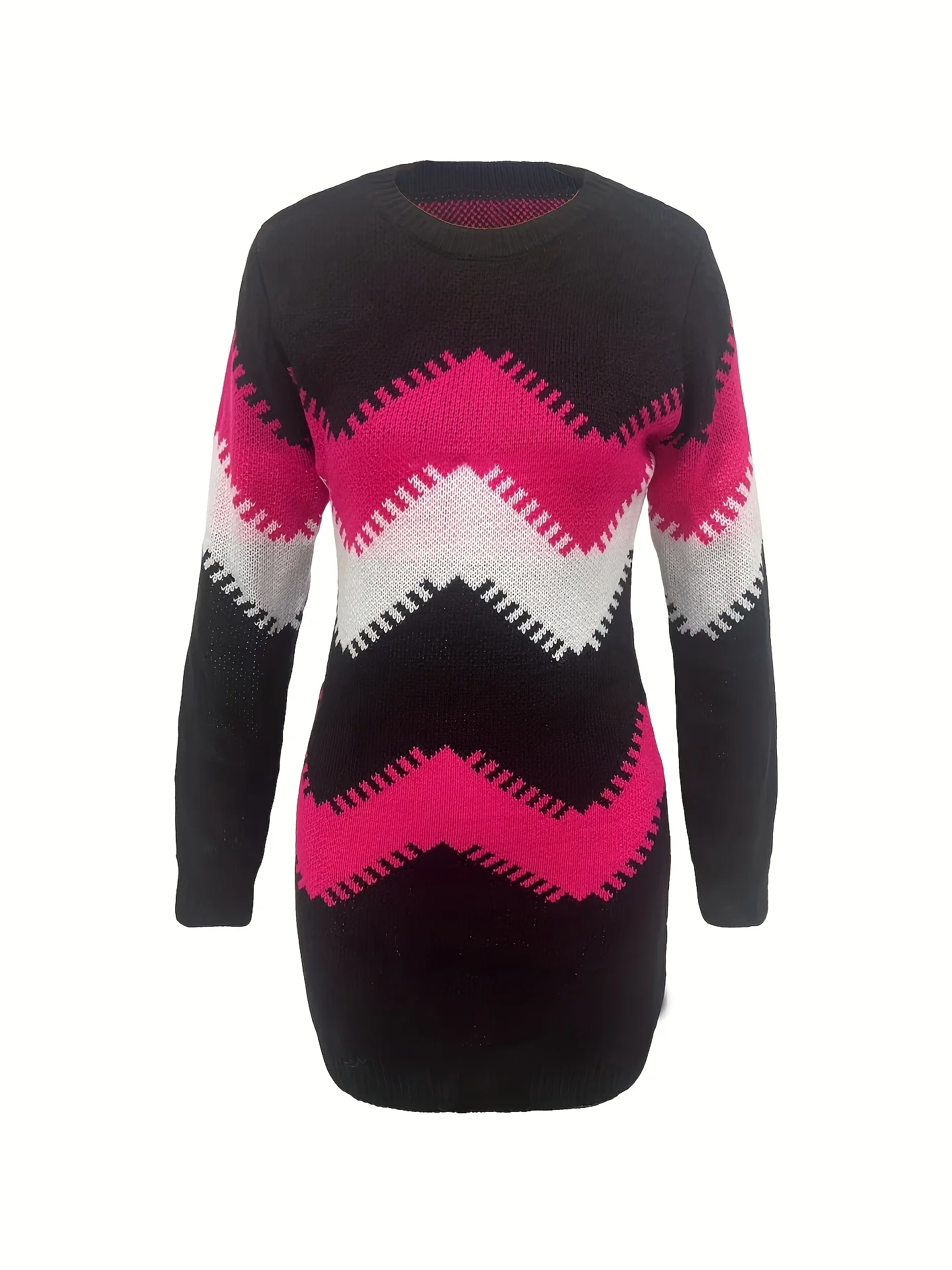 Damska jesienno-zimowa sukienka wełniana z długim rękawem i okrągłym dekoltem, dopasowana w kolorach