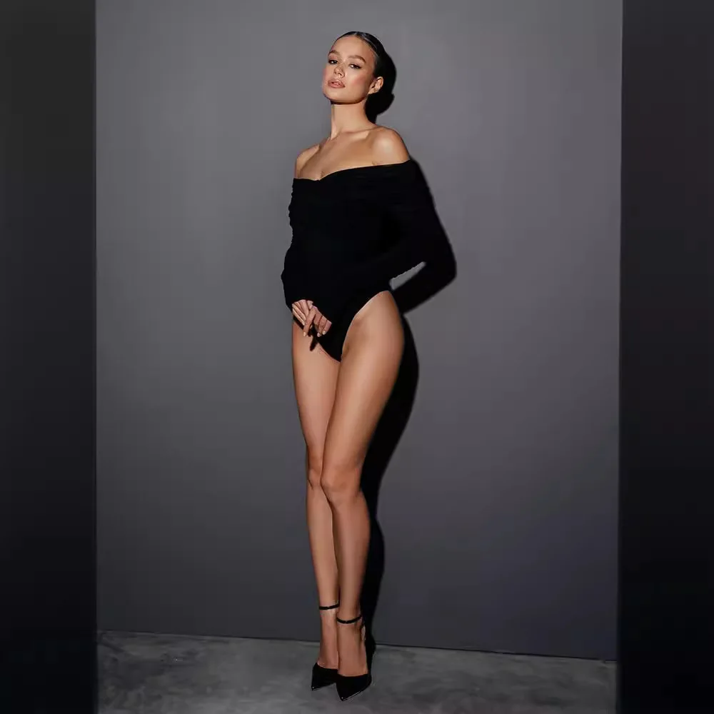 

European and American women's one shoulder V-neck pleated long sleeved slim fit solid color high waist personalized jumpsuit