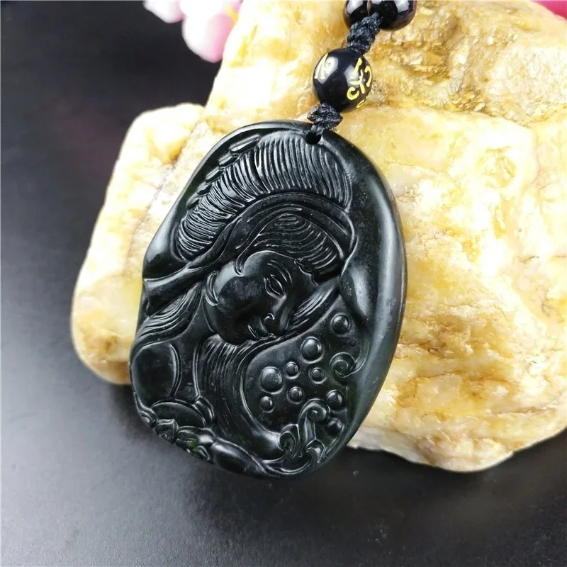 Certified Chinese Natural Black Green Jade Beauty Pendant Necklace Fashion Charm Jewellery Accessories Hand-Carved Lucky Amulet