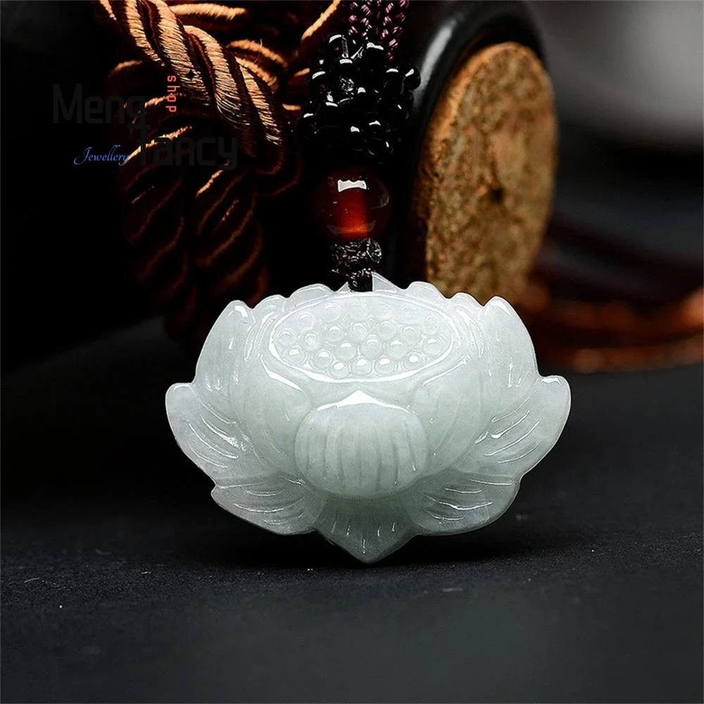 

Natural Myanmar A-goods Jadeite Lotus Flower Lotus Ice Jade Pendant Simple Retro Best Selling Fashion Jewelry Mascots Handicraft