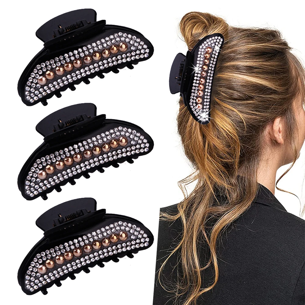 Women Crystal Anti-Slip Hair Claw Pearl Hair Clip Crab Black Barrettes for Daily Life Party Headwear Hair Accessories