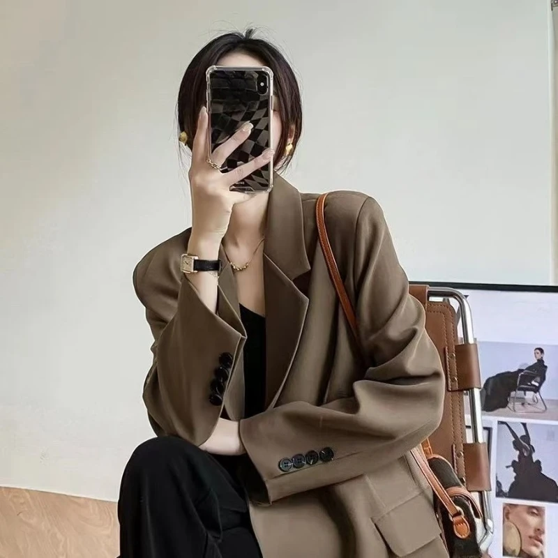 Chaqueta de traje larga informal holgada con una hilera de botones para mujer, gabardina negra de primera calidad para primavera y otoño, elegante, 2025