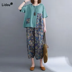 Conjunto estampado solto de 2 peças para mulheres, calça casual cortada, gola redonda, camiseta de manga curta, roupas femininas, verão, 2023