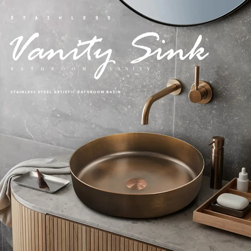 

Vintage Bronze 304 Stainless Steel Round Stainless Steel Industrial Vessel Sink Bathroom Wash Basin for Hotel Public Washroom