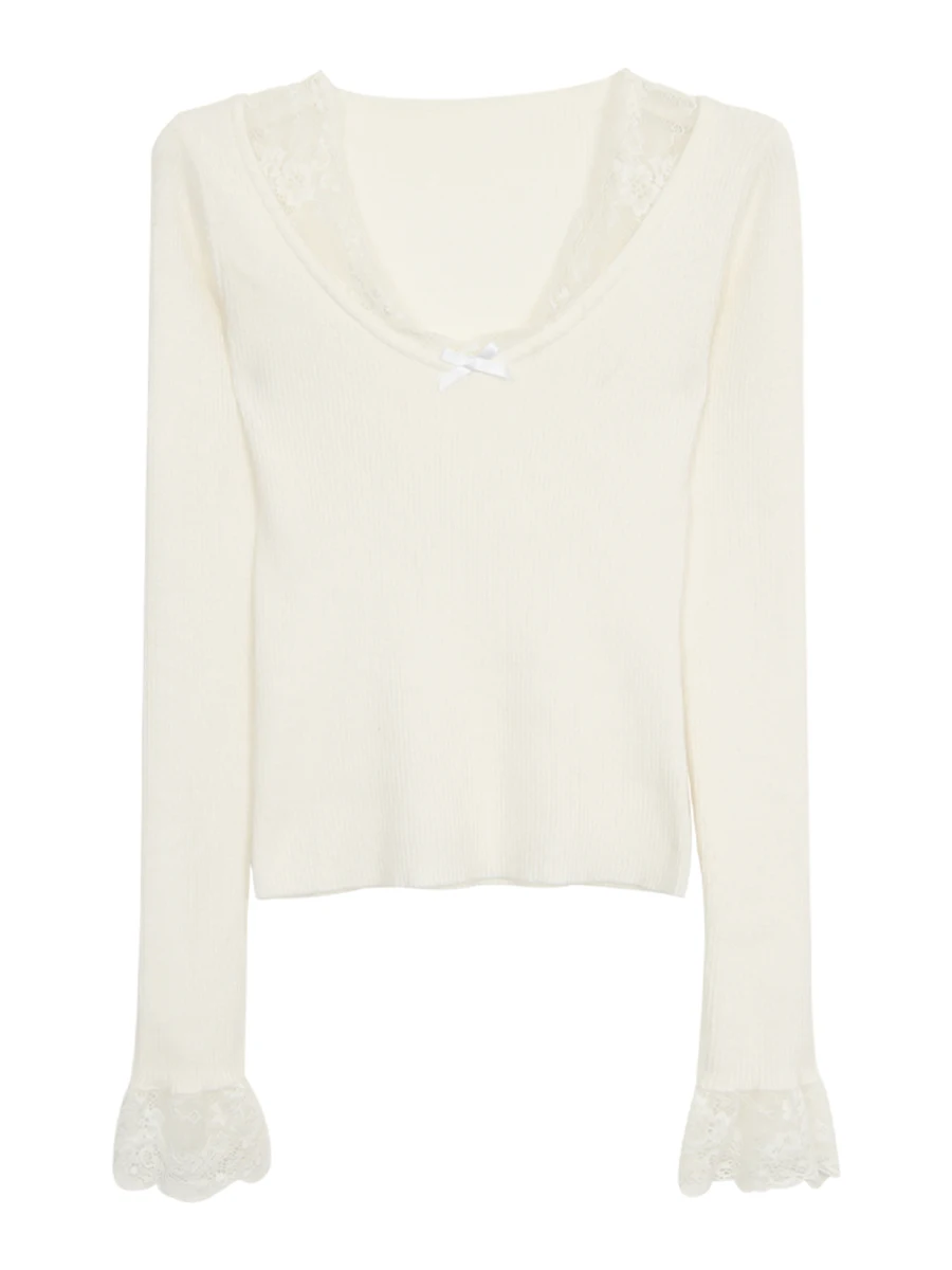 

White Lace Knitted Sweater Women's Long Sve Overhead Sle Autumn Faionable Comfortable High-End Feeling Lazy Girl Look