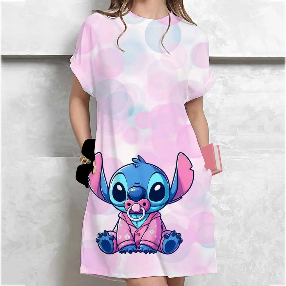 Abito alla moda in colori puri da donna con stampa Disney Stitch T-shirt stile mini abiti estivi abiti casual larghi