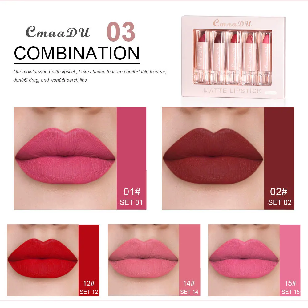 CmaaDu lápiz labial mate de larga duración, bálsamo labial Sexy, resistente al agua, antiadherente, tinte labial, maquillaje, cosméticos para mujer, 5 colores por juego